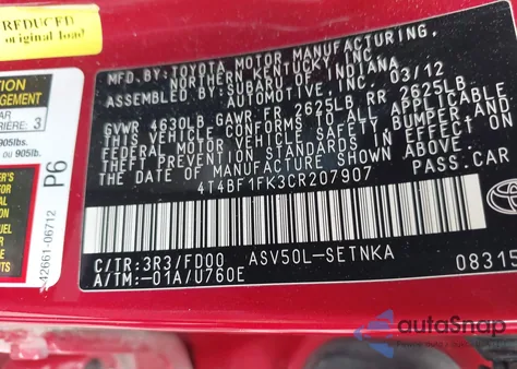 2012 Toyota Camry Le z USA, uszkodzony, nr VIN 4T4BF1FK3CR207907